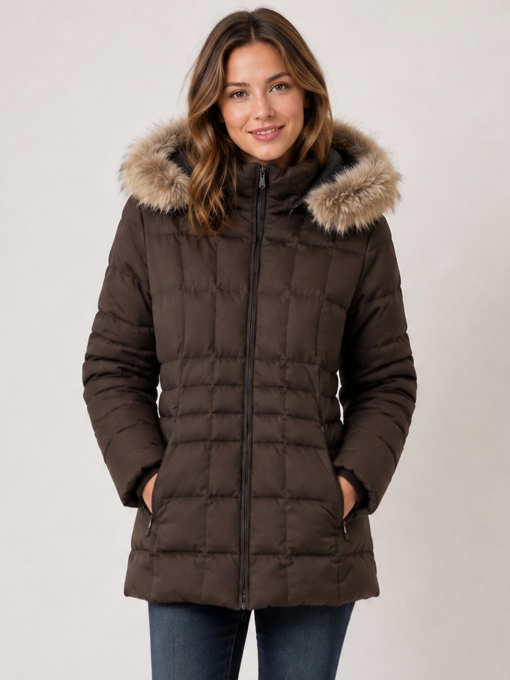 Calvin Klein Brown Quilted Puffer Coat with Faux Fur Hood Trim